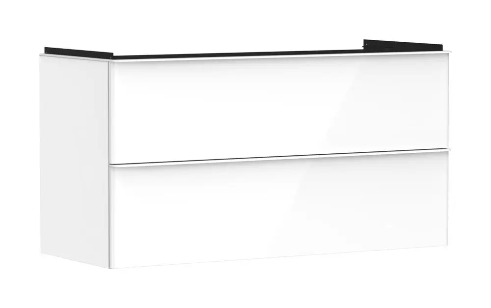 Weißer Unterschrank mit zwei Schubkästen, hochglänzende Oberfläche, geeignet für einen Waschtisch, von Hansgrohe.